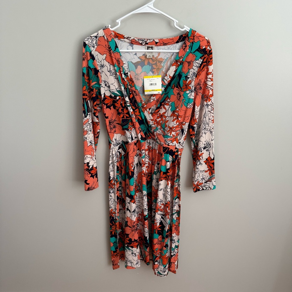 NWT Anne Klein Medium Floral Wrap Dress Orange Blue Flowers Long Sleeve